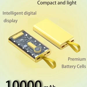 Yellow Rectangular Transparent Shell 10000mah High-Speed Charging Power Bank With Dual Usb Ports And Hanging Strap Yellow