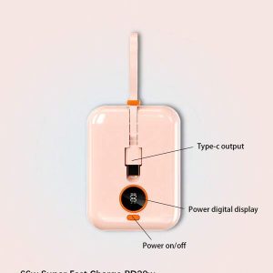 Pink Mini High-Capacity 10000mah Power Bank With Dual Cable And Lanyard Pink