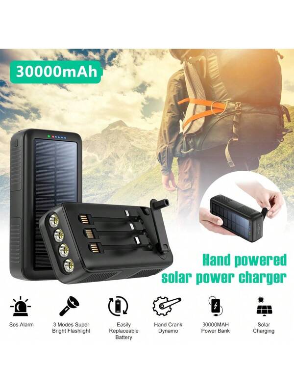 Power Bank Protable Charger 30000mAh Built In Hand Crank And 3 Cables, Solar Power Bank Dual USB Ports Solar Charging, Emergency/Bright Flashlights Black