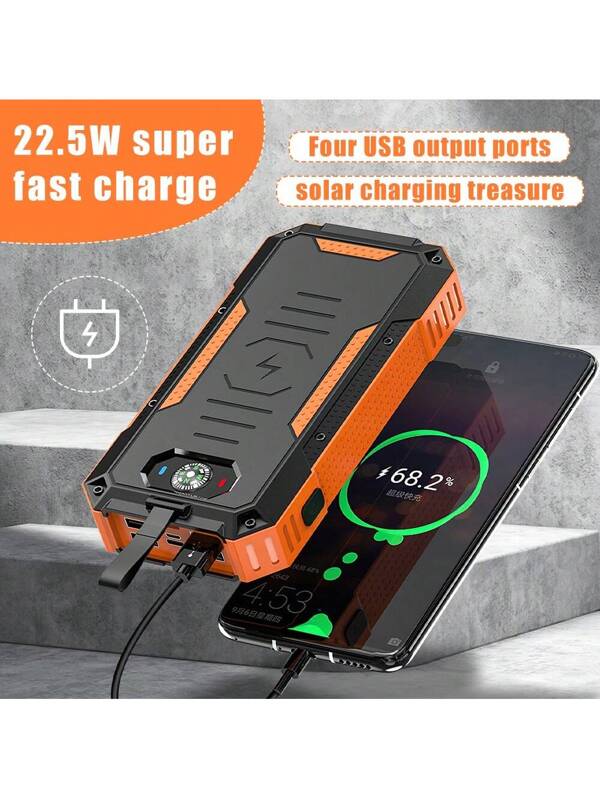 30000mAh Power Bank Solar Charger Built in Compass, 22.5W Fast Charging Power Bank Several Outputs & Inputs Wireless Charger Power Bank, with Strong Flashlights Orange Black