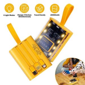 1Pc 20000mAh Transparent Power Bank Portable Mini Phone Charger External Battery Pack With 3 Inbuilt Cables 4 Light Modes Digital Display Handle Yellow