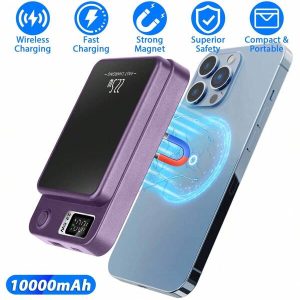 1Pc 2 In 1 Magnetic Wireless Power Bank 10000mAh PD20W Fast Charger MagSafe Wireless Power Bank Fit For IOS Phones IOS Phone 14 Series And More For Summer Beach Travel Camping Hiking Purple