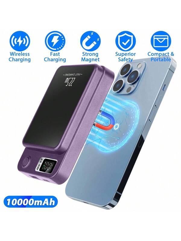 1Pc 2 In 1 Magnetic Wireless Power Bank 10000mAh PD20W Fast Charger MagSafe Wireless Power Bank Fit For IOS Phones IOS Phone 14 Series And More For Summer Beach Travel Camping Hiking Purple