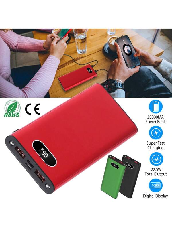 1PC 20000Mah Power Bank Portable Charger External Battery Pack 22.5W Super Fast Charging With LED Display Flashlight Fit For IPhone Samsung Series For Summer Beach Travel Camping Fishing Hiking Mother Day Red