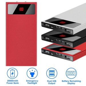 1PC 20000mAh Portable Power Bank Ultra-Thin External Battery Pack Phone Charger Dual USB Ports Flashlight Battery Remain Display For Summer Beach Travel Camping Hiking Fishing Office School Mother Day Red