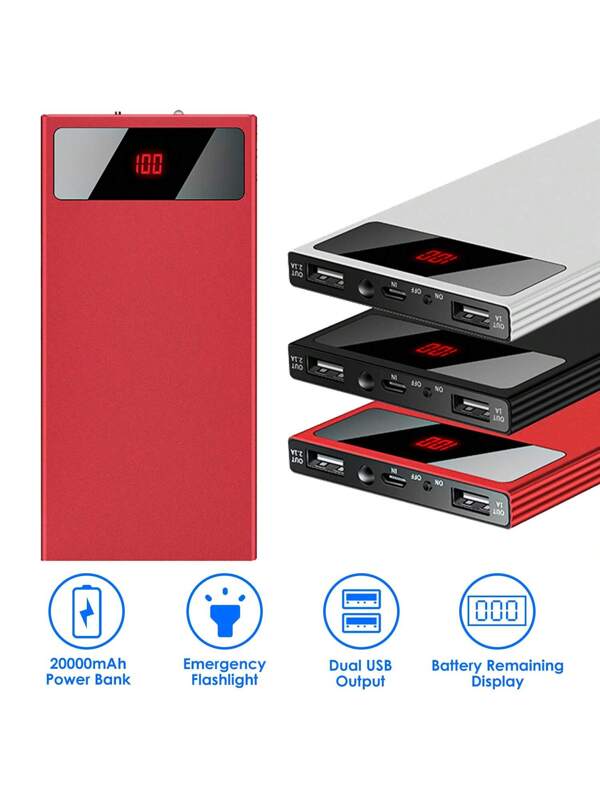 1PC 20000mAh Portable Power Bank Ultra-Thin External Battery Pack Phone Charger Dual USB Ports Flashlight Battery Remain Display For Summer Beach Travel Camping Hiking Fishing Office School Mother Day Red