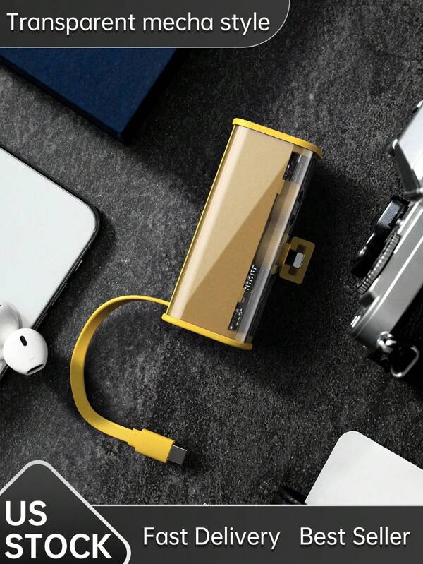 1pc 5000mAh 22.5W Emergency Portable Power Bank, Transparent Mecha Style Design, One Input Dual Charging Port, Can Protect The Charger Output, Compatible With Type C/Lightning Charging Output Yellow