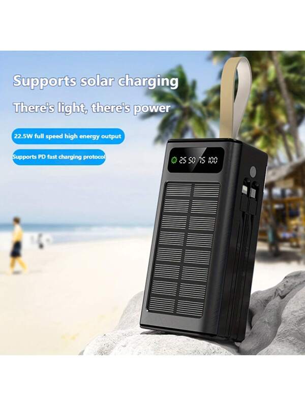 30000mAh Solar Power Bank With PD 20W Fast Charging, Dual USB Type-C Output, 22.5W High-Energy Output, Universal USB Charging, Rechargeable Lithium Polymer Battery, Portable Charger With Outdoor Lighting Black