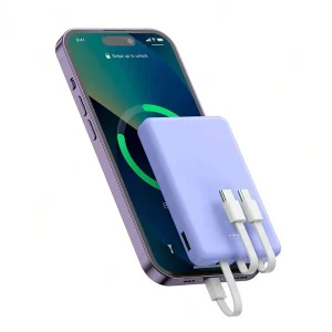 Mini Portable Mobile Phone Power Bank Charger 5000mAh, Input Type-C, USB C Block,4-USB Output Built-In Type-C Cable, Micro Cable, Suitable For IPhone Cable Charging, USB-A Output Interface, For IPhone Samsung,  And Other Series Compatible With Most Electronic Products On The Market Purple