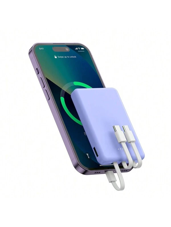 Mini Portable Mobile Phone Power Bank Charger 5000mAh, Input Type-C, USB C Block,4-USB Output Built-In Type-C Cable, Micro Cable, Suitable For IPhone Cable Charging, USB-A Output Interface, For IPhone Samsung,  And Other Series Compatible With Most Electronic Products On The Market Purple