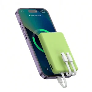 Mini Portable Mobile Phone Power Bank Charger 5000mAh, Input Type-C, USB C Block,4-USB Output Built-In Type-C Cable, Micro Cable, Suitable For IPhone Cable Charging, USB-A Output Interface, For IPhone Samsung,  And Other Series Compatible With Most Electronic Products On The Market Green