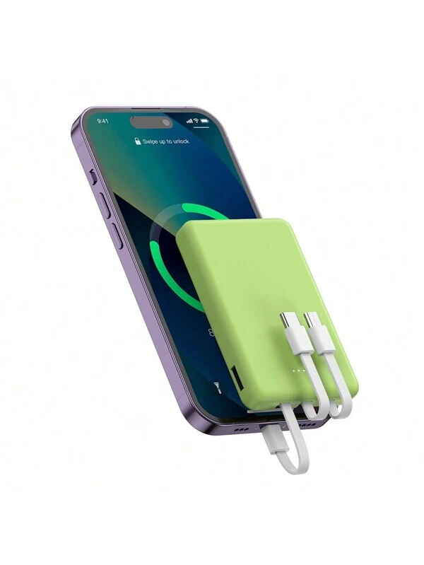 Mini Portable Mobile Phone Power Bank Charger 5000mAh, Input Type-C, USB C Block,4-USB Output Built-In Type-C Cable, Micro Cable, Suitable For IPhone Cable Charging, USB-A Output Interface, For IPhone Samsung,  And Other Series Compatible With Most Electronic Products On The Market Green