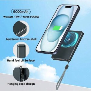 Magnetic Wireless Power Bank, 5000mAh Portable Mobile Power Bank, Wireless Charging 15W/PDUSB-C20W, Aluminum Alloy, Lanyard Design, Ultra-Thin And Lightweight Mobile Power Bank, Suitable For IPhone15/14/13/12/11 Series Black