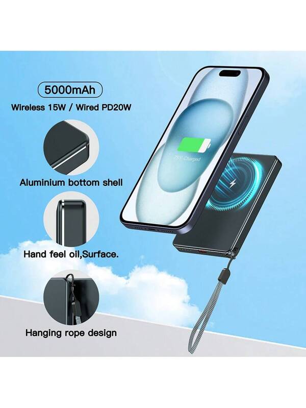 Magnetic Wireless Power Bank, 5000mAh Portable Mobile Power Bank, Wireless Charging 15W/PDUSB-C20W, Aluminum Alloy, Lanyard Design, Ultra-Thin And Lightweight Mobile Power Bank, Suitable For IPhone15/14/13/12/11 Series Black