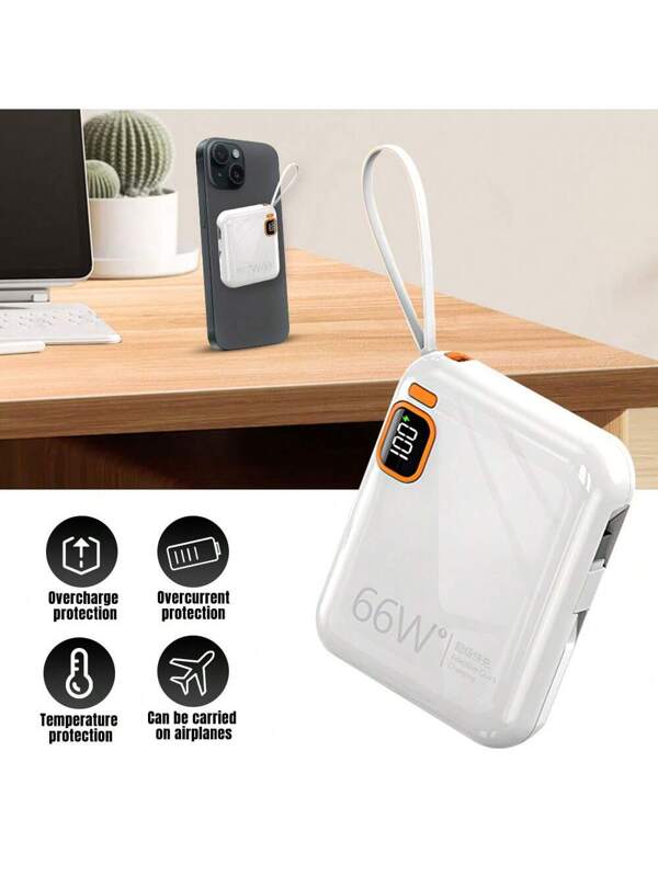 Portable Charger, Mini 10000mAh Power Bank, 66W Fast Charging, Cell Phone Charger With LED Display, For IPhone, Samsung White