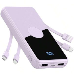 Portable Charger With Built In Cables,High Speed Power Bank 10000mAh Travel Battery Pack 5 Outputs 3 Inputs Portable Phone Charger Backup Battery For IPhone, Samsung, IPad,Tablets Purple