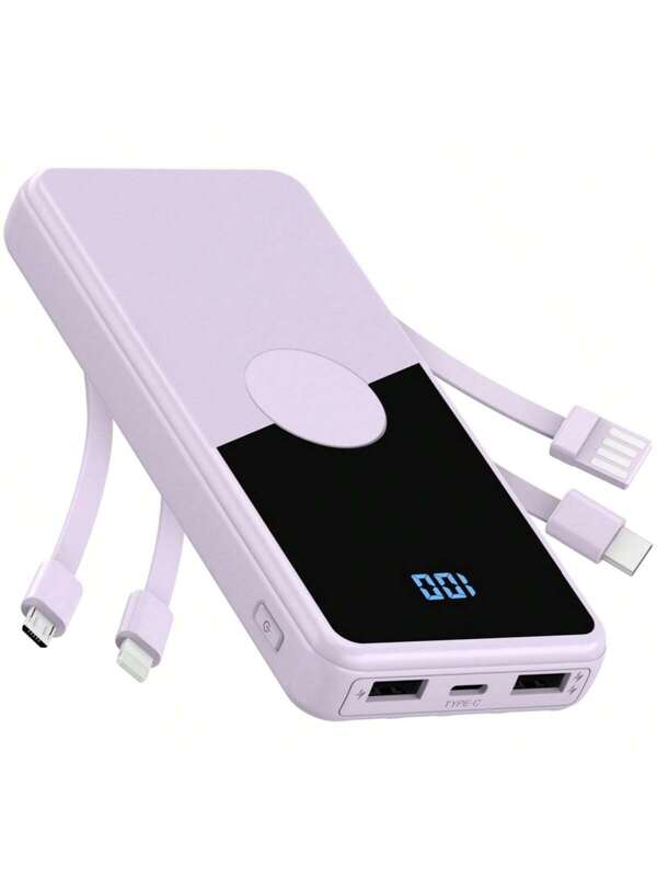 Portable Charger With Built In Cables,High Speed Power Bank 10000mAh Travel Battery Pack 5 Outputs 3 Inputs Portable Phone Charger Backup Battery For IPhone, Samsung, IPad,Tablets Purple