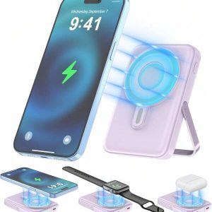 Wireless Portable Charger,3-In-1 Magnetic Power Bank 10000mAh With LED Display,22.5W Fast Charging Mag-Safe Battery Pack,Compatible With IPhone 15/14/13/12, Apple Watch Series, Airpods Purple